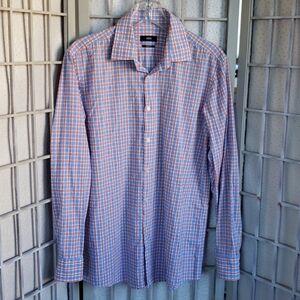 Hugo Boss plaid blue and orange long sleeve button down shirt 16